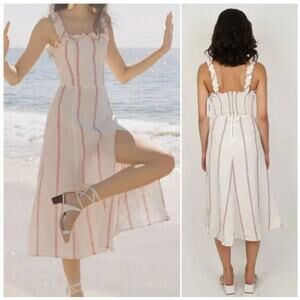 Reformation Lavender Linen Dress in Red Licorice Stripe Women's M Smocked Midi